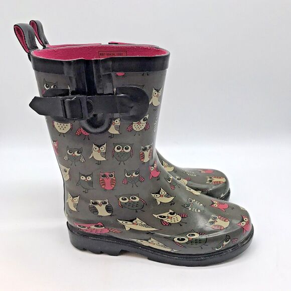 Capelli New York Shiny Pop Owl Printed Rain Boots Kid's 2 Gray Black Rain Gear - Picture 1 of 10